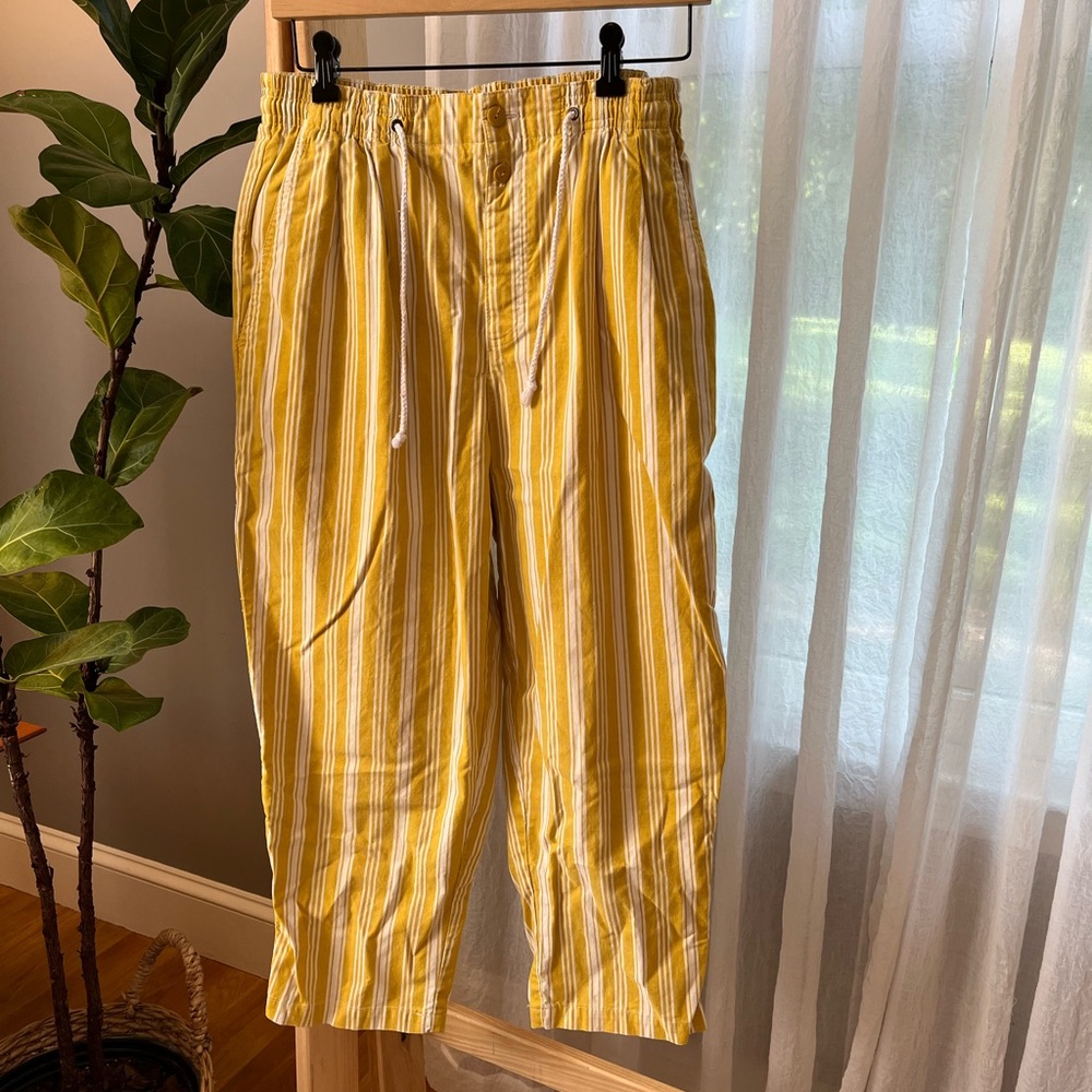 Vintage GAP Striped Yellow Drawstring Pants Cotton Taiwan Cropped Straight Leg